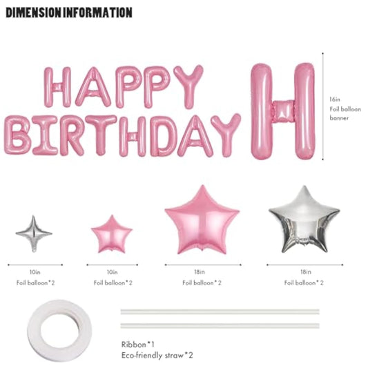Happy Birthday Banner 13Pcs 16 Inch Mylar Foil Letters Sign With 8Pcs Star Balloons Birthday Party Decorations For Kids And Adults - 3D Pink