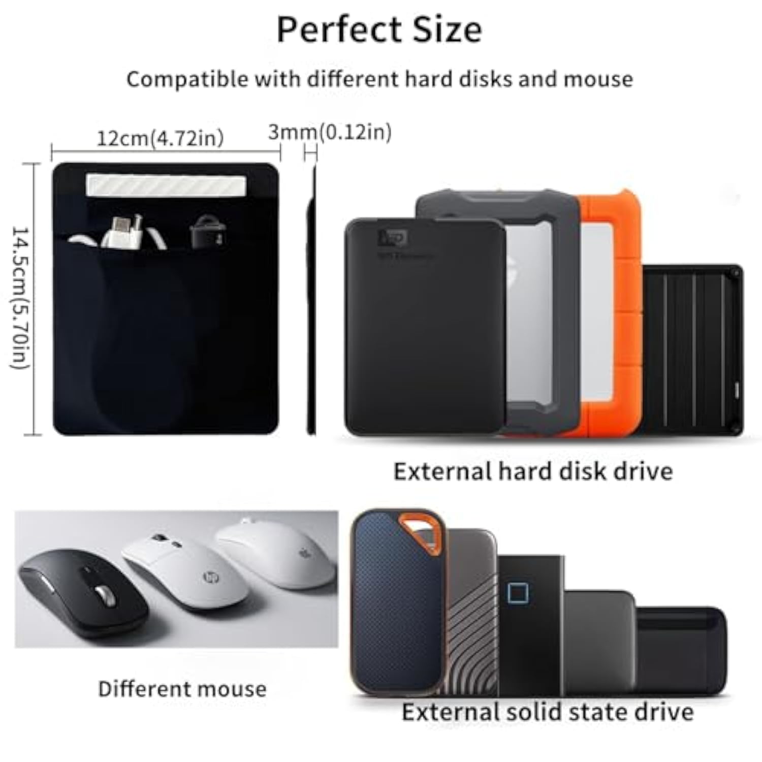 2-Pocket Ssd Holder For Laptop,Adhesive Pouch,Portable Hard Drive Sleeve For Laptop,Compatible With External 2.5" Hdd, Magic Mouse, Externa Hard Drive,Usb Cable And More Holder - Black