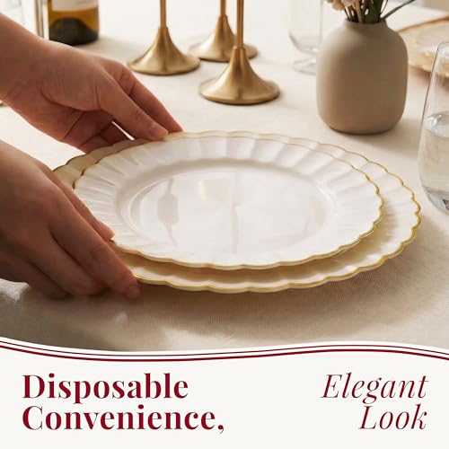 HEAVYWEIGHT Ivory Gold Scalloped Plastic Plates for Wedding 60 Pc