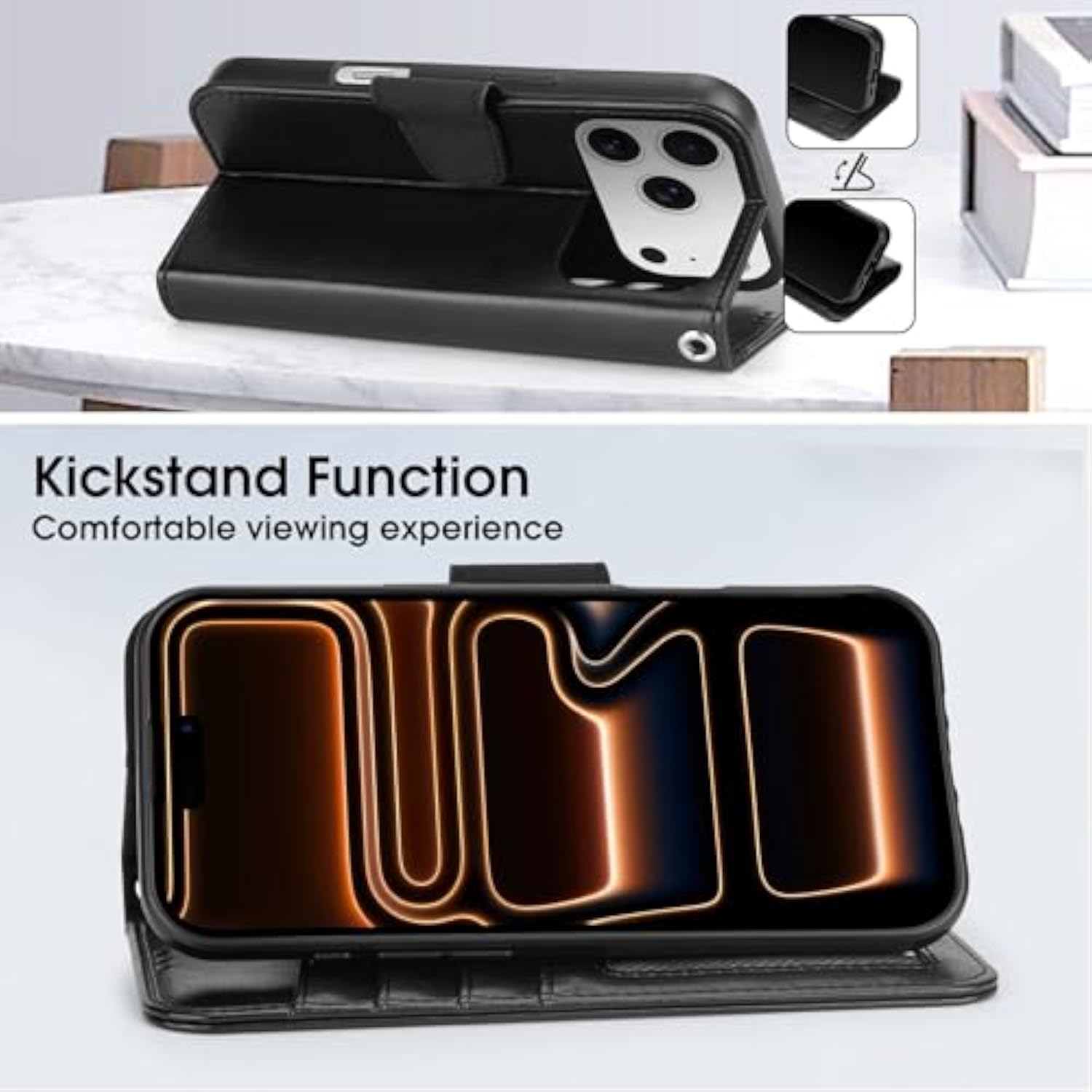 iPhone 17 Pro Max Case with Wallet, Card Holder, and Wristlet Strap, 6.9 inch, Black, RFID Blocking, Kickstand
