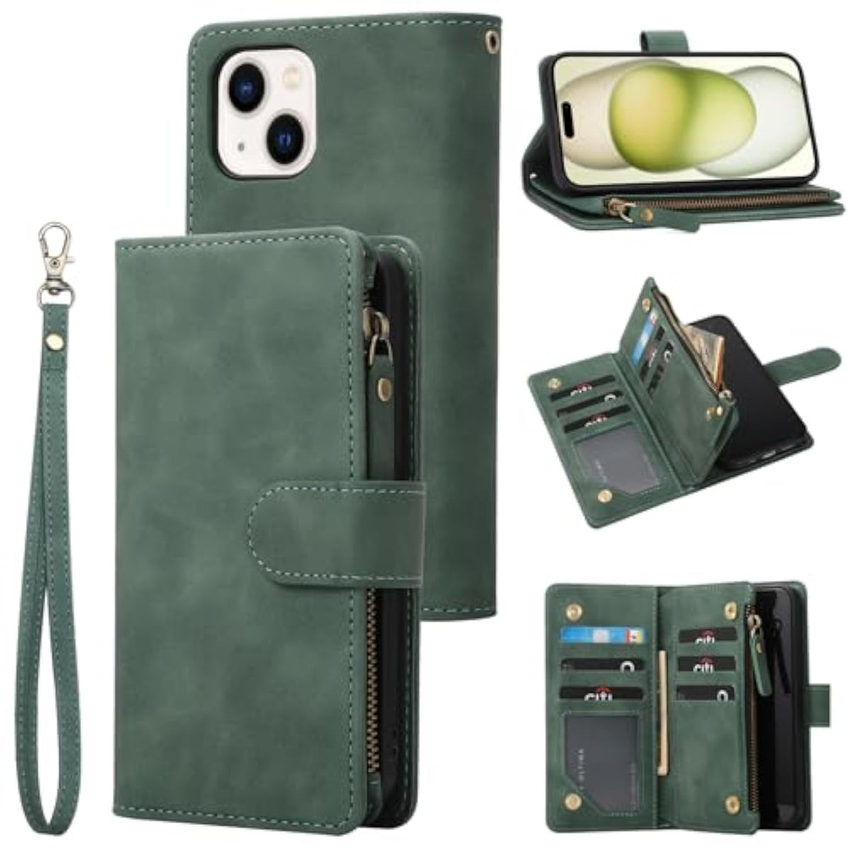 Wallet Case For Iphone 15 (6.1 Inch) With Rfid Blocking Credit Card Holder, Premium Pu Leather [Zipper Pocket] Flip Folio Wallet With Wrist Strap Kickstand Protective Case (Black Green)