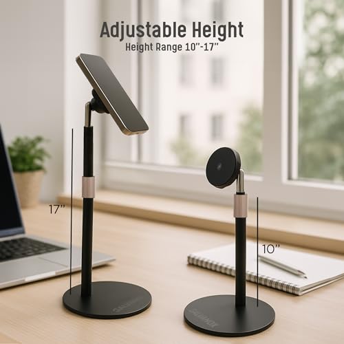 Magnetic Fast-Charging Desk Phone Stand (Adjustable Height) Compatible with MagSafe, Tall Wireless Charger, Heavy Metal Base (15W) Desktop iPhone