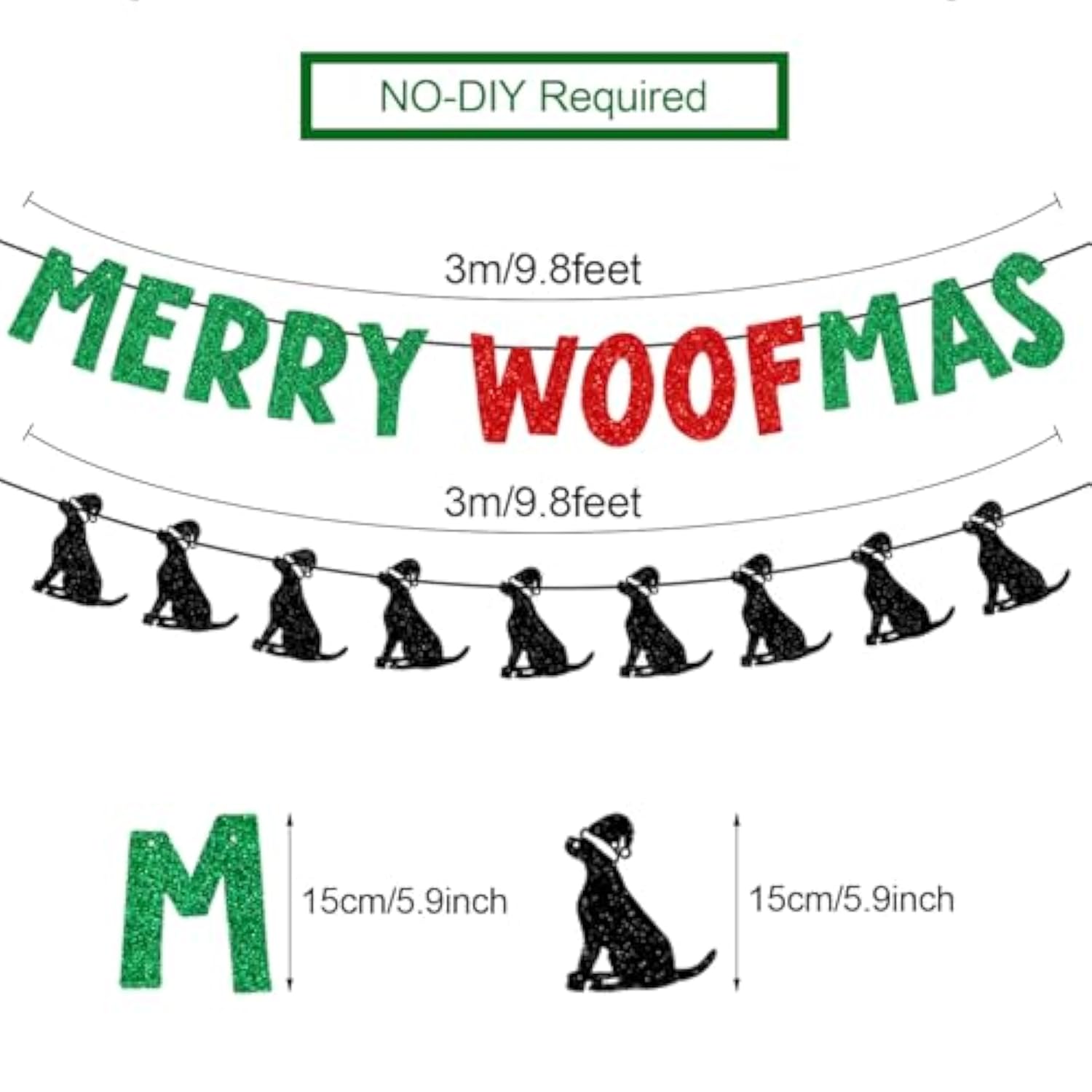 Glittery Merry Woofmas Banner With Dog Wear Santa Hat Signs Green Red Merry Christmas Fireplace Wall Garland Xmas Holiday Party Decorations