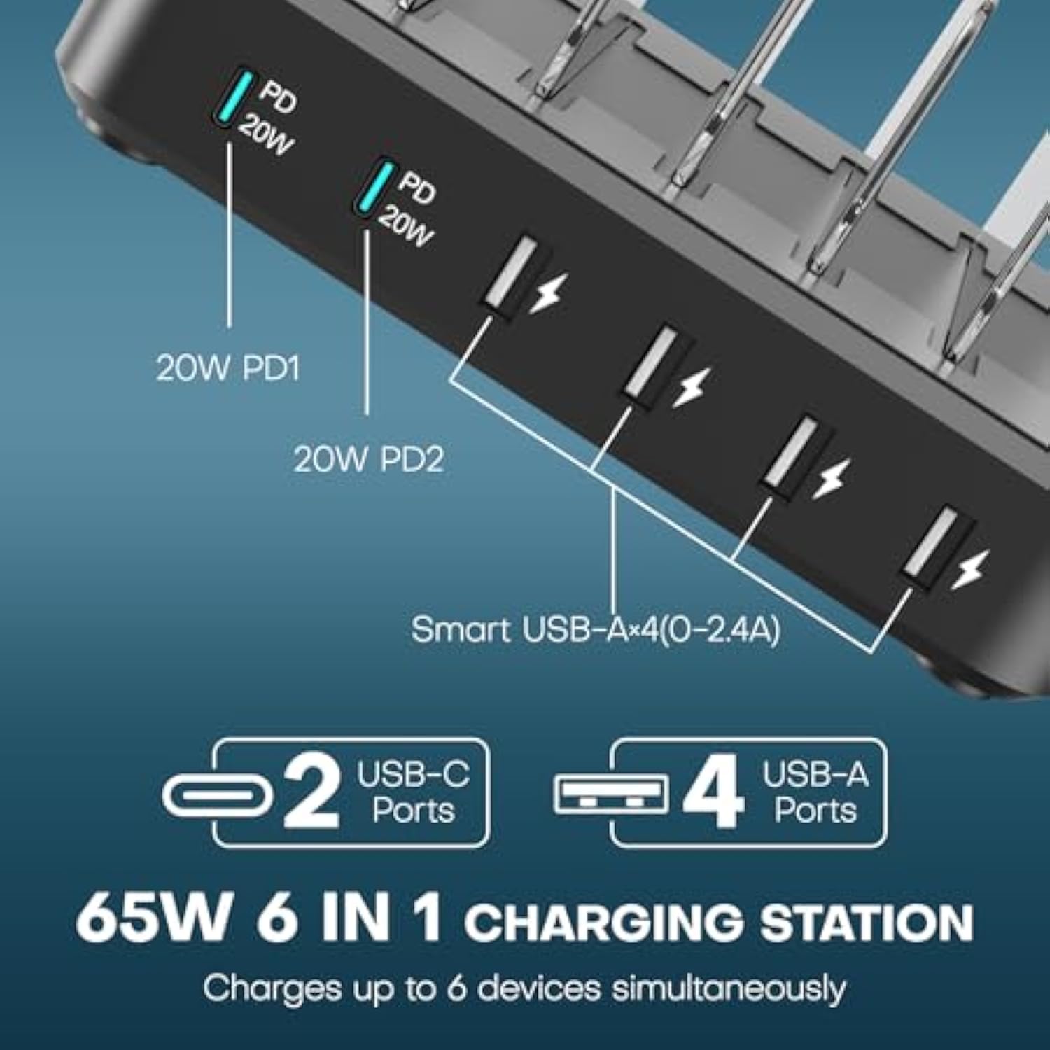 Charging Station For Multiple Devices,65W 6 Port Multi Usb C Fast Charger Station With 6 Mixed Charging Cables,Charging Dock Compatible With Iphone Ipad,Cell Phone,Tablets Android And More