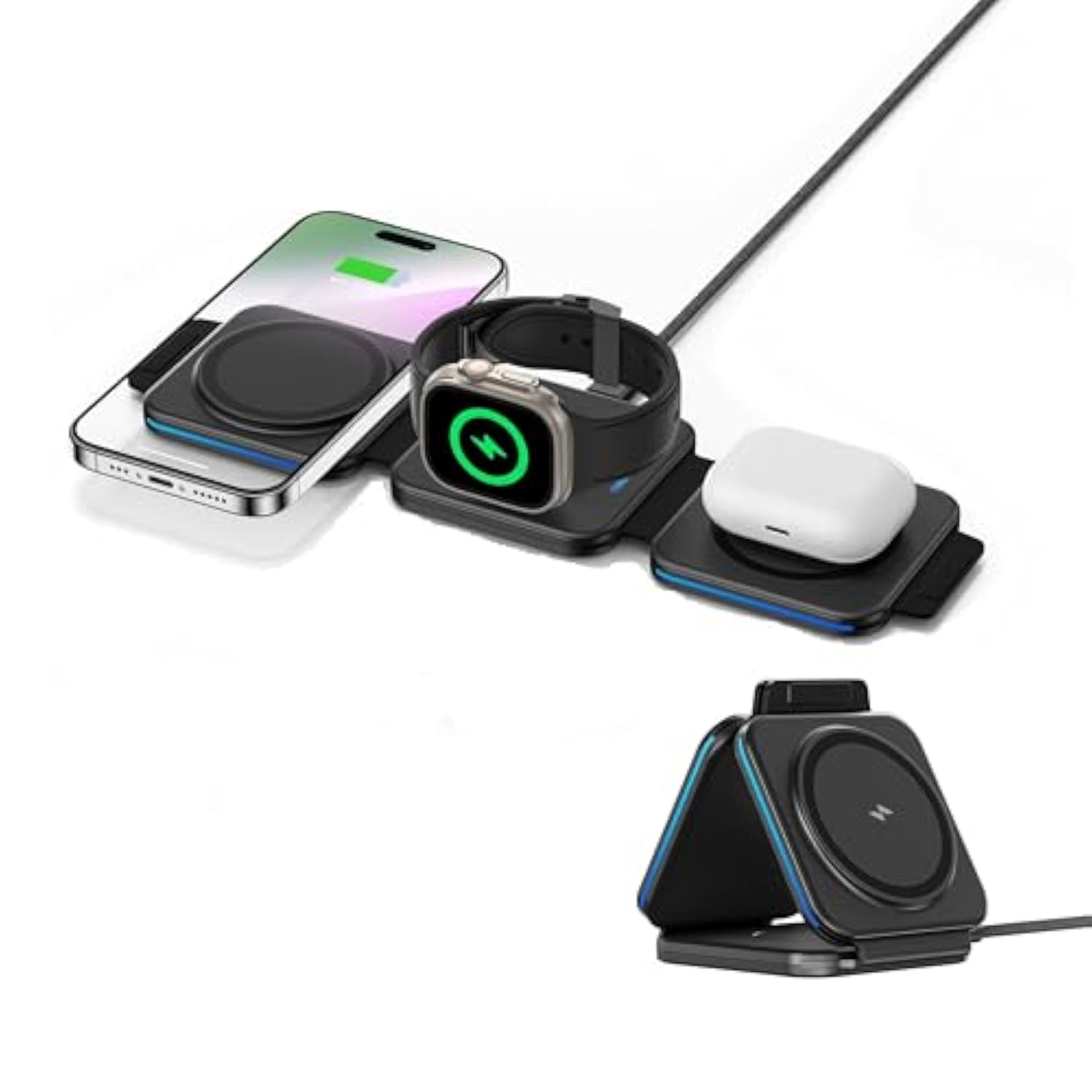3 In 1 Foldable Wireless Charger For Iphone 16/15/14/13/12 Compatible With Apple Watch And Airpods, Pd15W Fast Wireless Charging Station, Portable Desk Dock For Home, Office, Travel (Black)