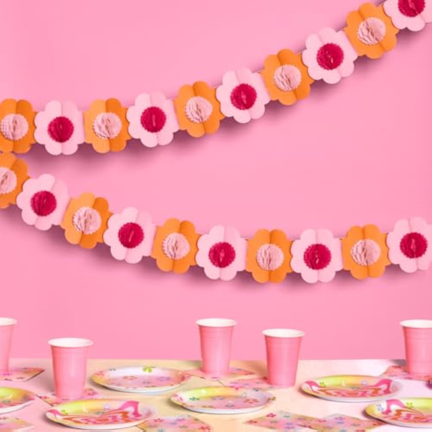 Pink + Orange Groovy Paper Flower Garland - 10 Ft. | 3D 70S Kids Birthday Party Decoration, Cute Tissue Paper Bachelorette Supplies, Hanging Photo Booth Backdrop