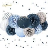 Dusty Blue Tissue Pom Poms & Paper Lanterns: Glitter Confetti Party Decor