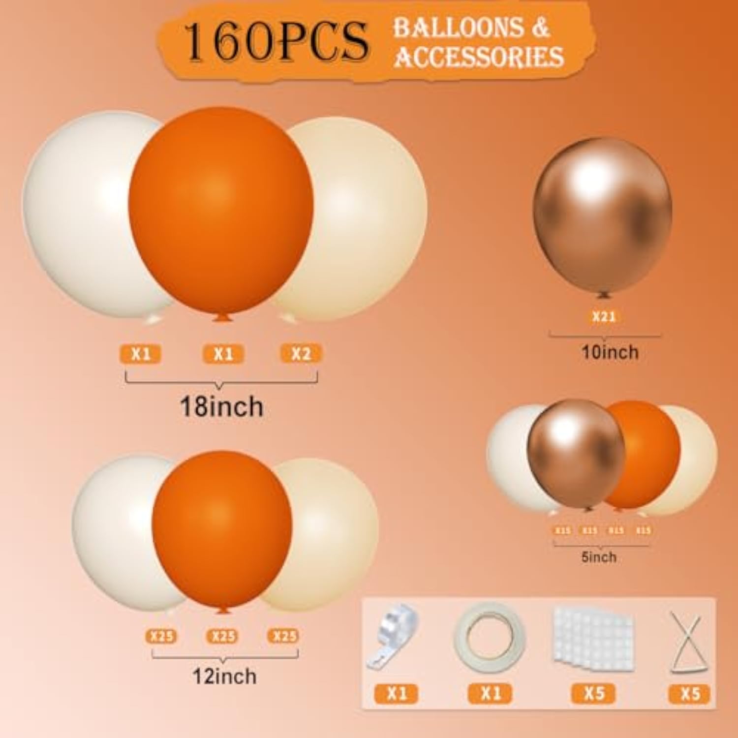 160PCS Fall Balloon Arch Kit with Orange White Copper Balloons for Thanksgiving Party