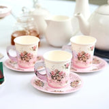 Paper Tea Cup Set, 24 Disposable Teacups With Handles & Saucers, Floral Design For Hot & Cold Drinks, Tea Party Decorations, Tableware