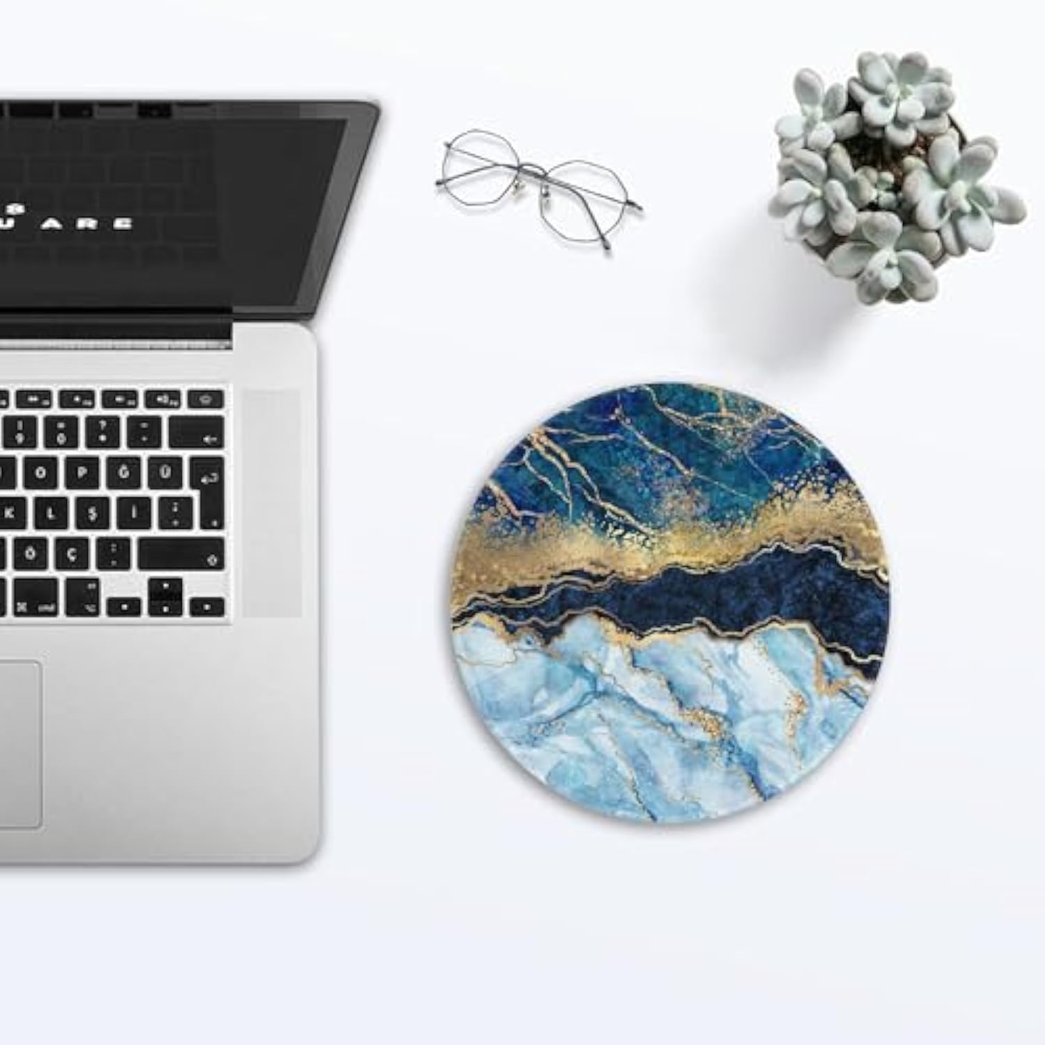Blue Abstract Marble Gaming Mouse Pad, 8.8" Gold Glitter Liquid Marble Round With Non-Slip Base And Stitched Edge, Computer Keyboard Mouse Mat For Home Office Work