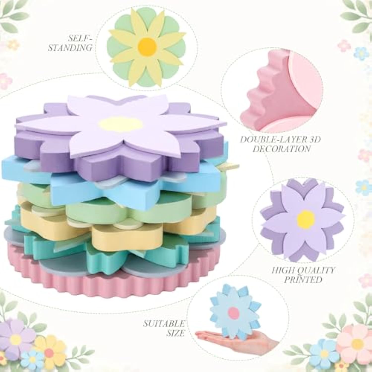 6 Pcs Spring Wooden Flower Table Decorations Double Layer Pastel Centerpieces Signs Rustic Farmhouse Floral Tiered Tray Decor For Girl Birthday Easter Baby Shower Desk Home Kitchen Shelf