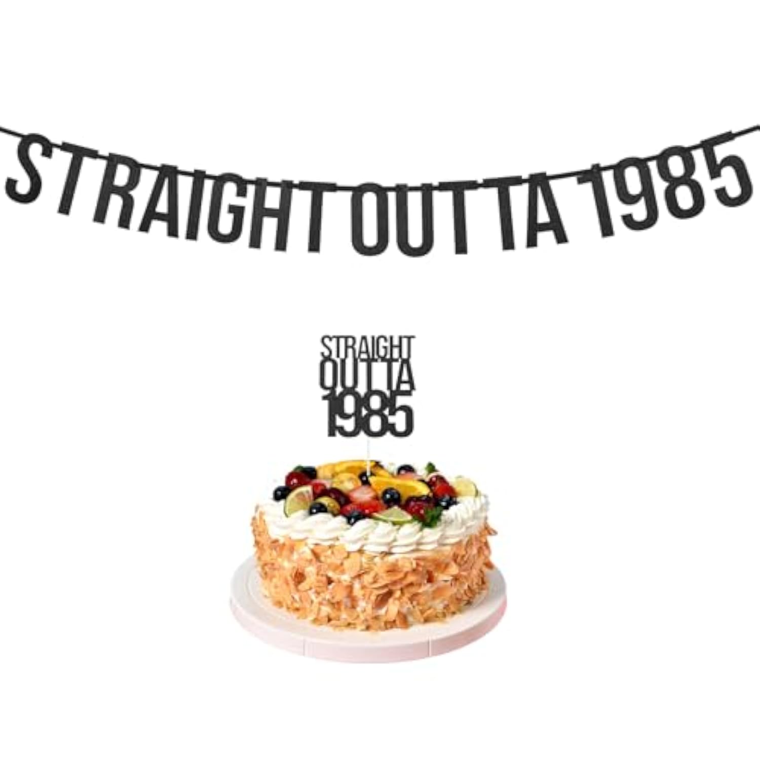 40th Birthday Decoration Straight Outta 1985 Banner and Cake Topper Black