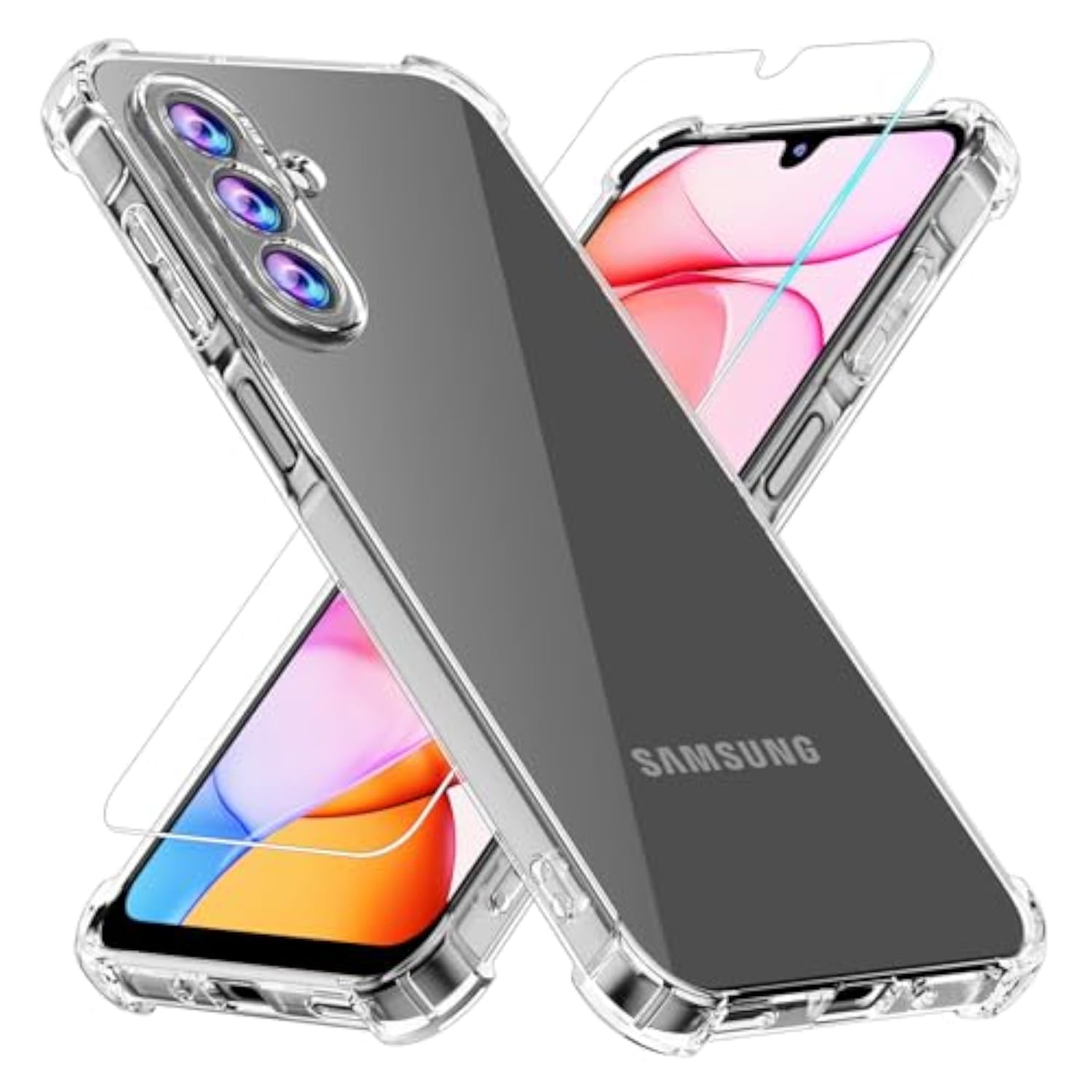 Samsung Galaxy A17 5G Clear Phone Case with Tempered Glass Screen Protector, Soft Flexible TPU Slim Fit Shockproof Phone Cover for Women Men Girls Boys