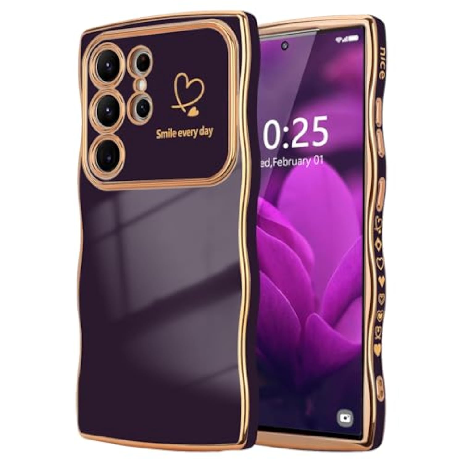 For Samsung Galaxy S24 Ultra Case For Women Girls, Cute Wave Frame Curly Shape With Love Heart Raised Camera Protection Luxury Plating Shockproof Phone Case For Galaxy S24 Ultra 5G,Dark Purple
