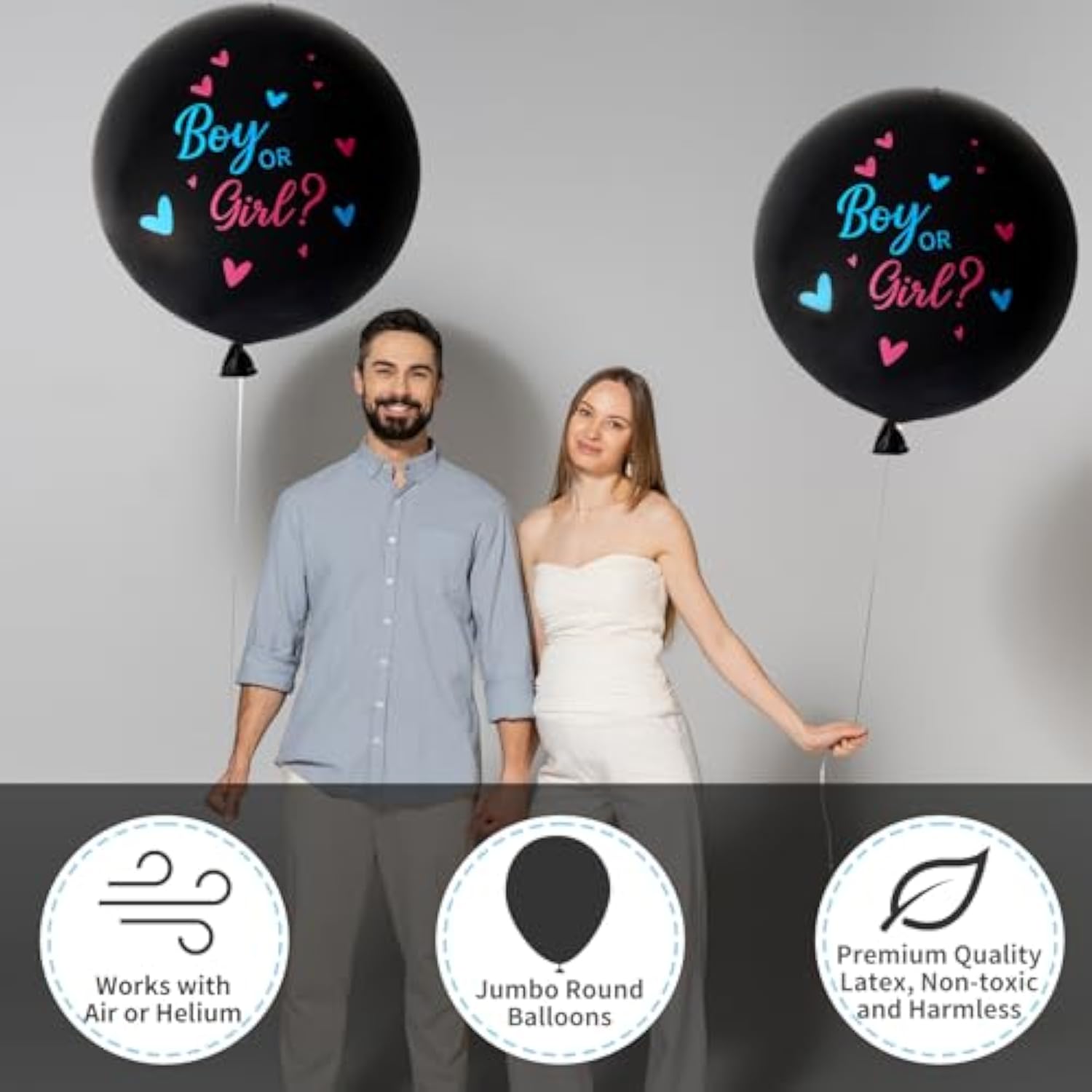 Gender Reveal Balloon Kit, 2Pcs 36" Jumbo Black Baby Boy Or Girl Balloons With Heart Shaped Paper Confetti, Blue Pink Balloons And Tassels For Baby Shower Gender Reveal Party