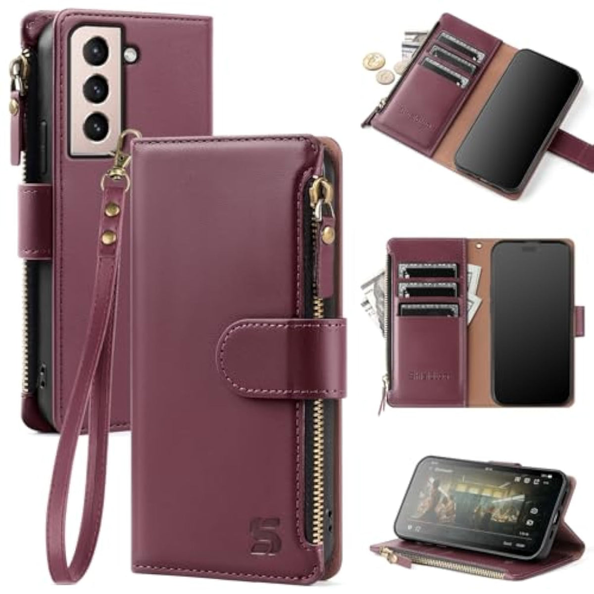 Compatible With Samsung Galaxy S21 Wallet Case With Card Holder,Women Men Rfid Blocking Pu Leather Flip Protective Cover Wrist Strap Zipper Credit Card Slots,Phone Case For S21 6.2",Wine Red