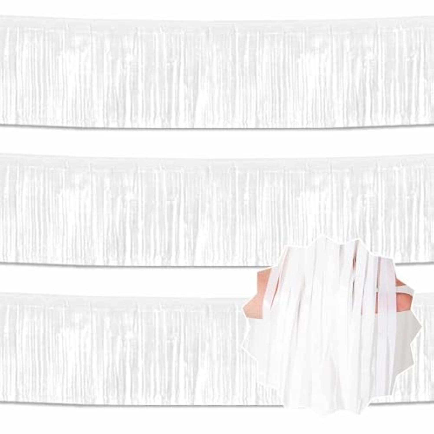 3 Pack 10 Ft Macaron White Foil Fringe Garland Metallic Streamers Tinsel Banner Wall Hanging Garland Backdrop For Parade Floats, Halloween, Christmas, Thanksgiving, New Year Party Decorations
