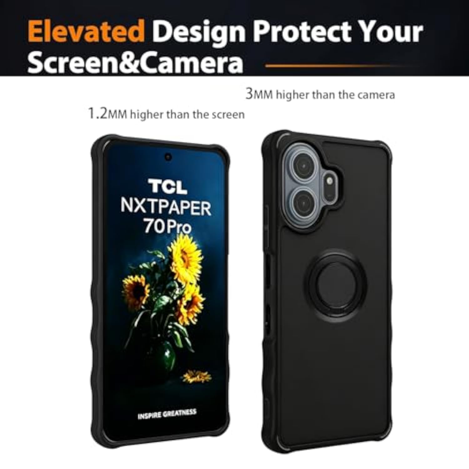 TCL NxtPaper 70 Pro 5G Phone Case Cover with Tempered Glass Screen Protector, 2MM Thickening Super Protection, Ring Support, Black