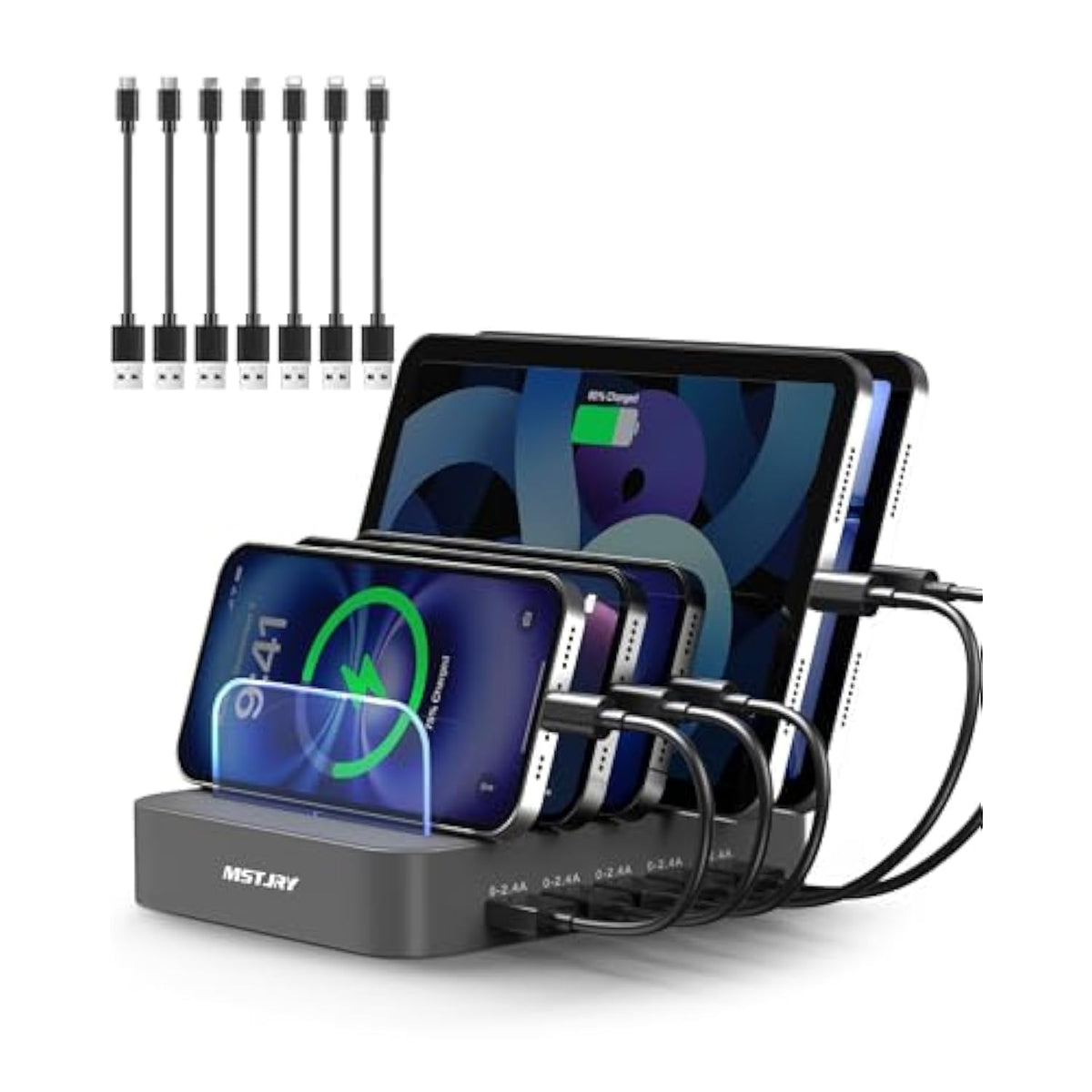 Charging Station For Multiple Devices : 5 Port Multi Usb-A Charger Stations Multi-Device Organizer Charging Dock Designed For Iphone Ipad Cell Phone Tablets (7 Short Cables Included), Gray