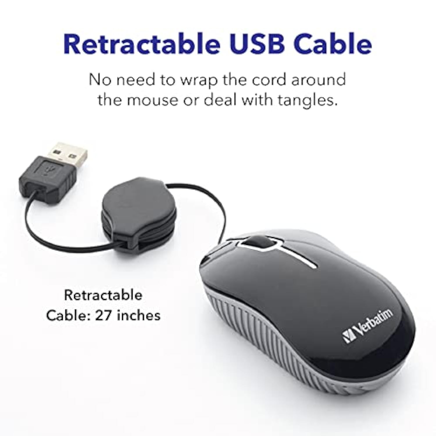 Verbatim Wired Optical Computer Mini USB-A Mouse - Plug & Play Corded Small Travel Mouse with Retractable Cable – Blue 98616