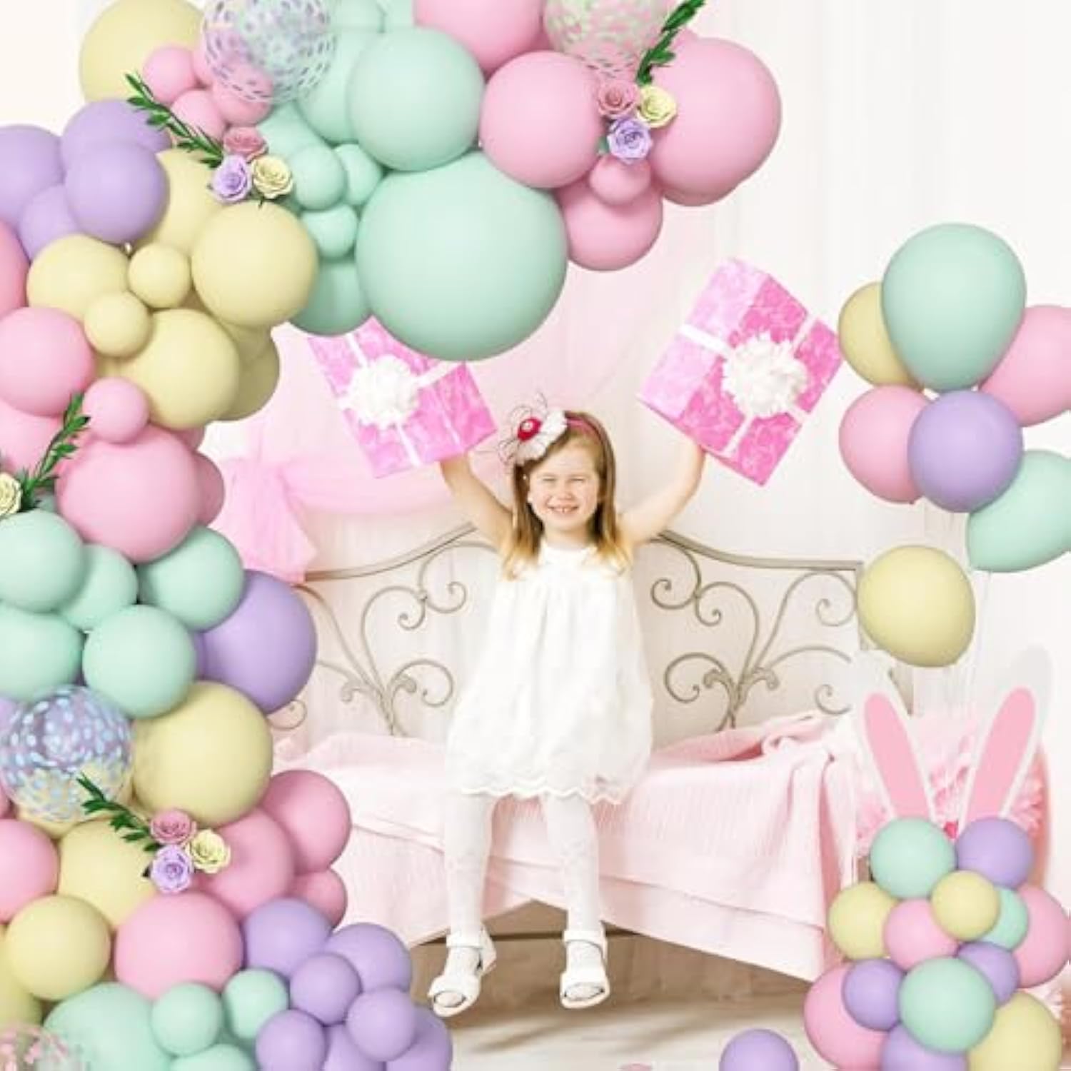 Archloon 156Pcs Pastel Balloons Garland Arch Kit, Different Sizes 18 12 10 5Inch Pastel Pink Yellow Green Purple Confetti Balloons For Spring Baby Shower Wedding Wildflower Birthday Party Decorations