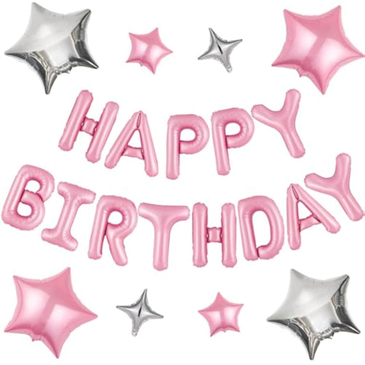 Happy Birthday Banner 13Pcs 16 Inch Mylar Foil Letters Sign With 8Pcs Star Balloons Birthday Party Decorations For Kids And Adults - 3D Pink