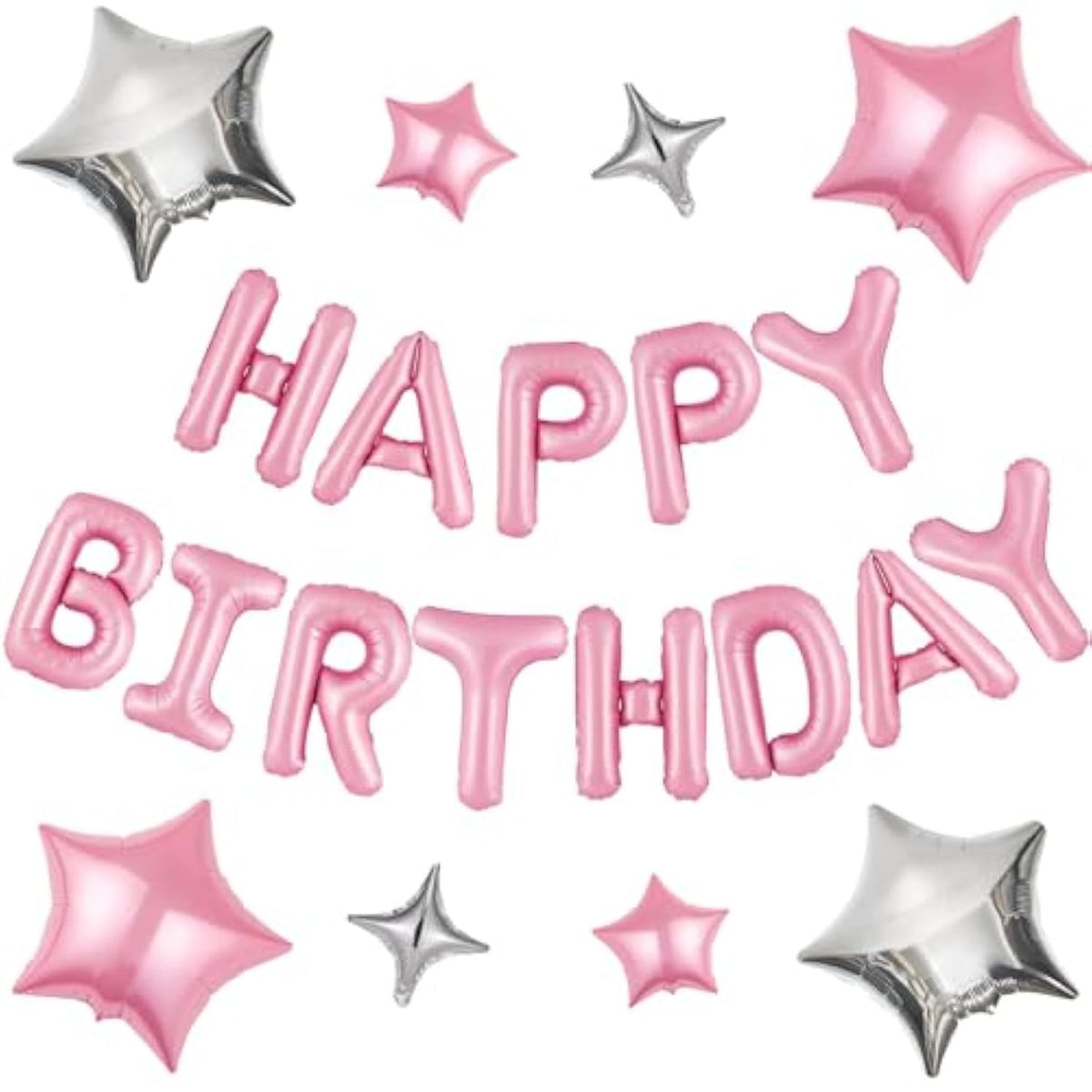 Pink Happy Birthday Banner Set - 13 Foil Letters & 8 Star Balloons for Party Decorations