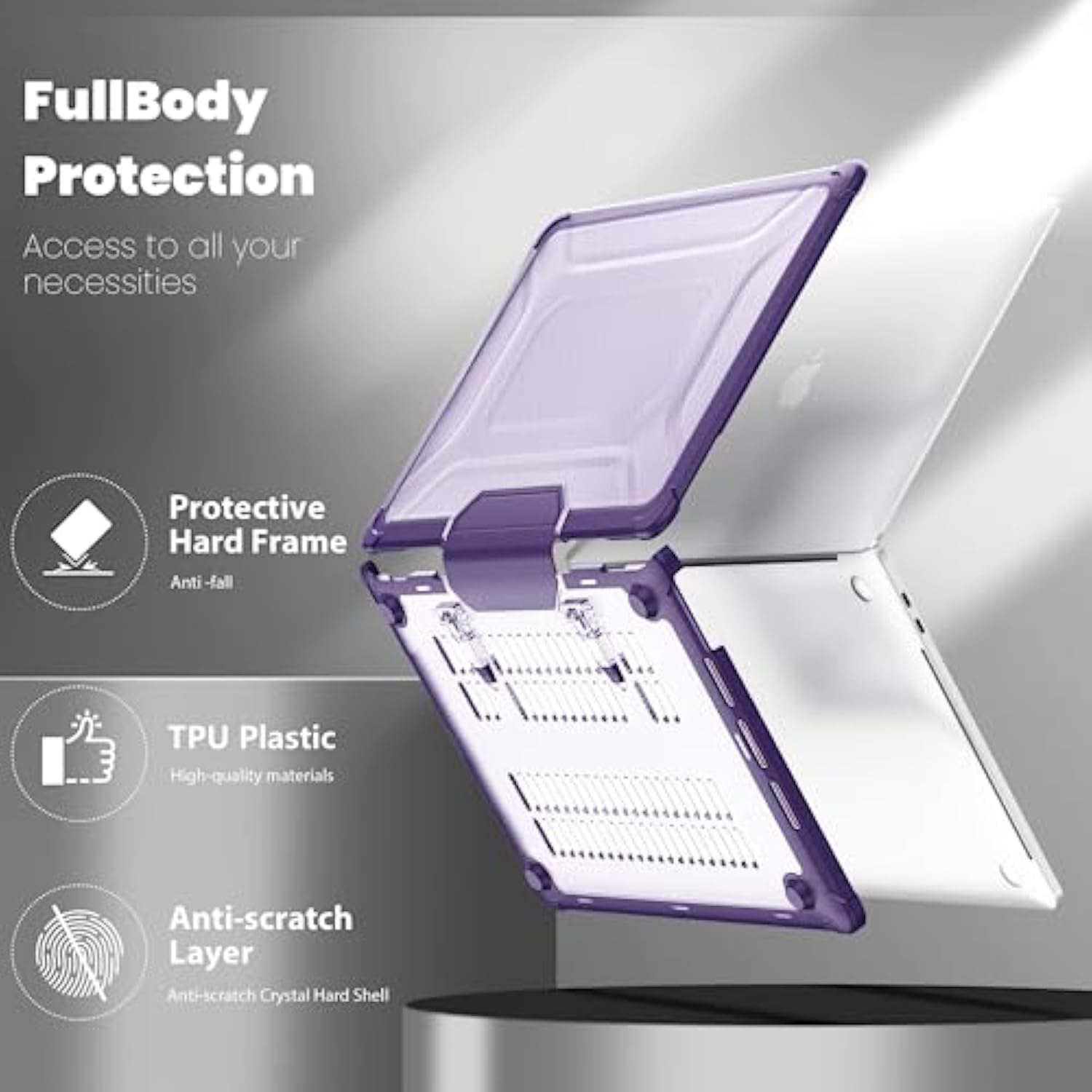 For Macbook Air 13 Inch Case 2025 2024-2022 M4 M3 M2 A3240 A3113 A2681, Heavy Duty Rugged Tpu Bumper Hard Case With Foldable Kickstand & Keyboard Cover For Macbook Air 13.6 Inch Case, Purple
