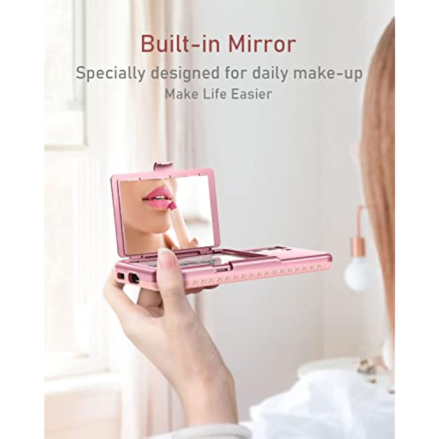 Samsung Galaxy S22 Case Wallet Case With Credit Card Holder & Hidden Mirror, All-Round Protection Shockproof Phone Cover Designed For Samsung Galaxy S22 5G, 6.1 Inch Rose Gold