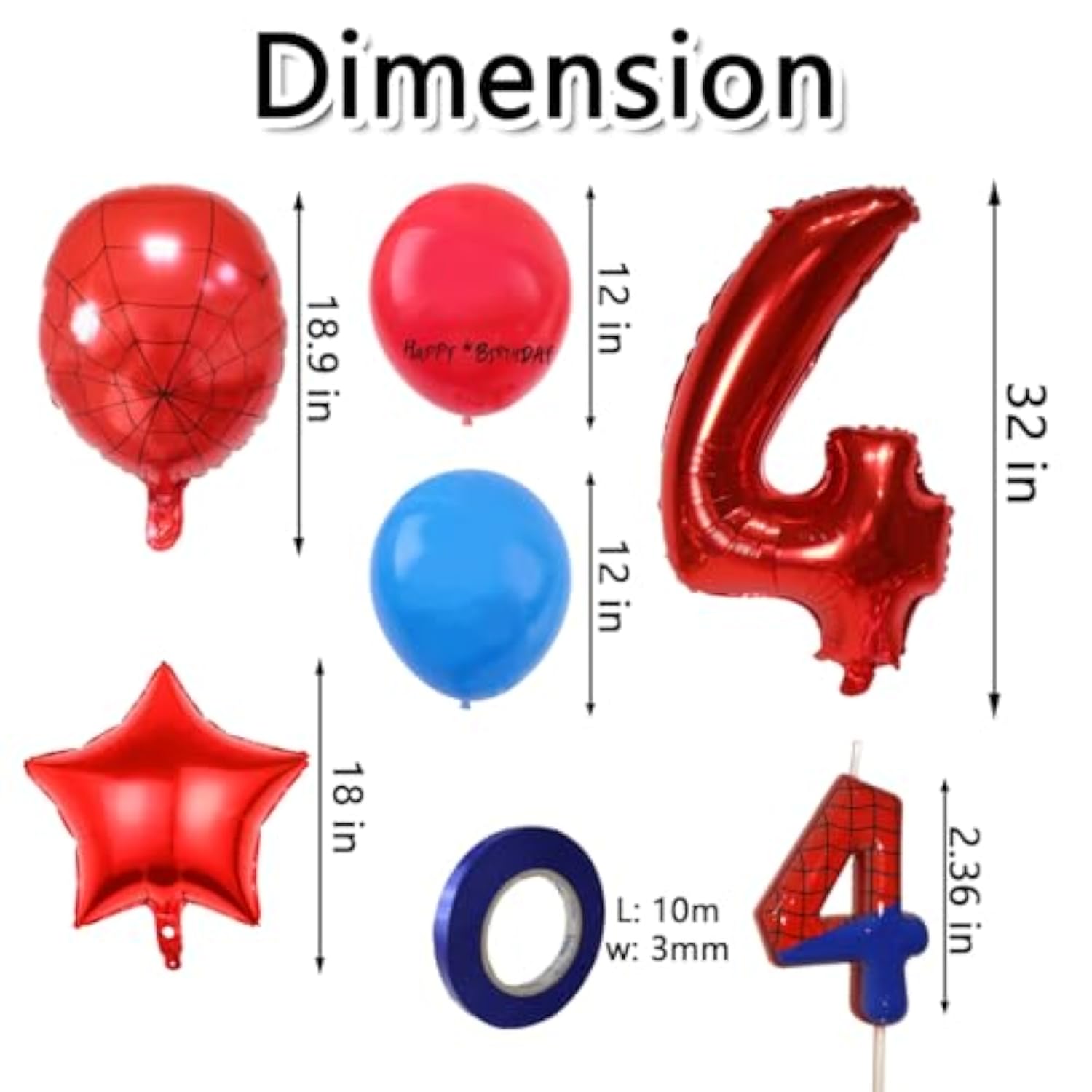 Spider Hero 4th Birthday Decor with 32" Number Balloon, Spider Balloons & Candle