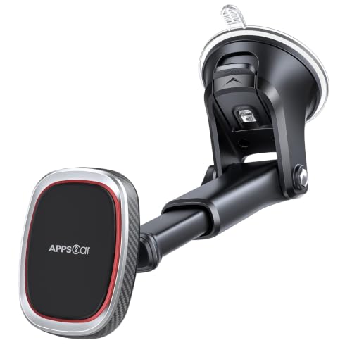 Magnetic Phone Mount, Dashboard Windshield Suction Cup Car Phone Holder Phone Mount with 6 Strong Magnets, Adjustable Telescopic Arm, Compatible with