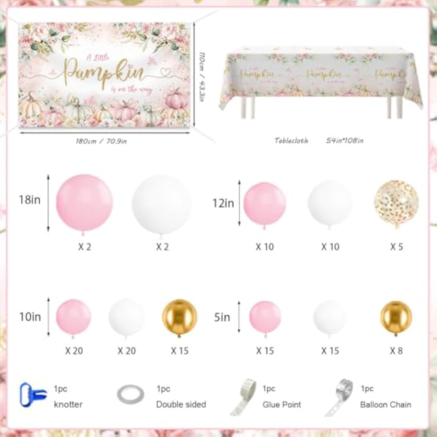 Fall Pumpkin Baby Shower Balloon Arch Kit: Pink, Gold & White Decor