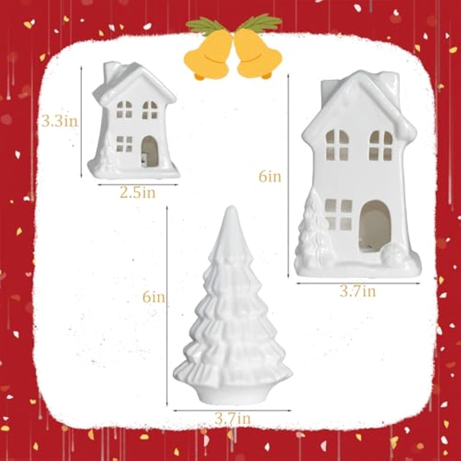 Ceramic Christmas Village Houses, 3Pcs Led Lighted Porcelain White Small House And Xmas Tree Tabletop Figurines, Light Up Christmas Decorations For Home Shelf Cabinet Table Winter Decor