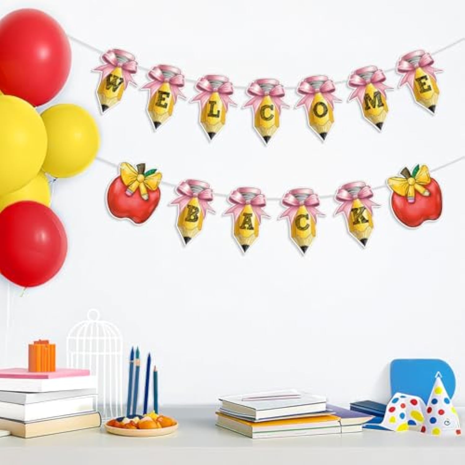 2 Pcs Bow Welcome Back Banner Coquette Back To School Party Supplies With Pencil Bow Apple Banners First Day Of School Classroom, Wedding, House, Home Decor Decorations