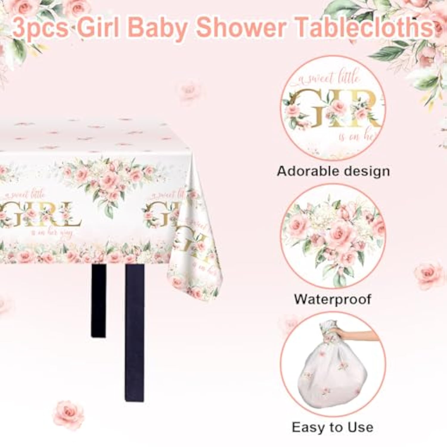 3 Pcs Girl Baby Shower Tablecloth 108X54 Inch Pink Floral Baby Shower Party Tablecovers Disposable A Sweet Little Girl Is On Her Way Table Cloth Plastic