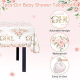 3 Pcs Girl Baby Shower Tablecloth 108X54 Inch Pink Floral Baby Shower Party Tablecovers Disposable A Sweet Little Girl Is On Her Way Table Cloth Plastic