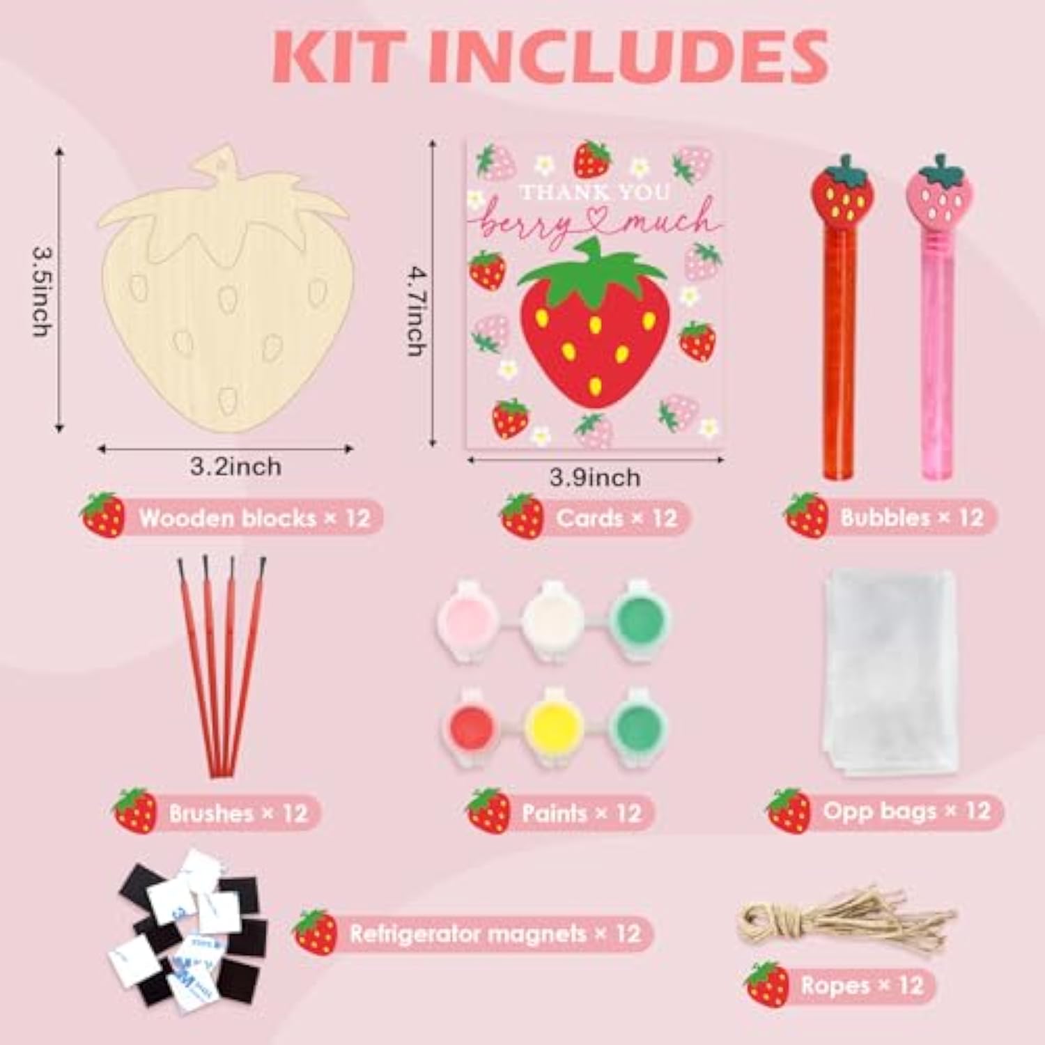 Thank You For Coming Gifts For Kids-24 Pack Strawberry Party Favors -Strawberry Birthday Party Supplies With Bubbles, Magnets, Cards & Wood Painting Craft Kit - Kids Birthday Gifts Bulk
