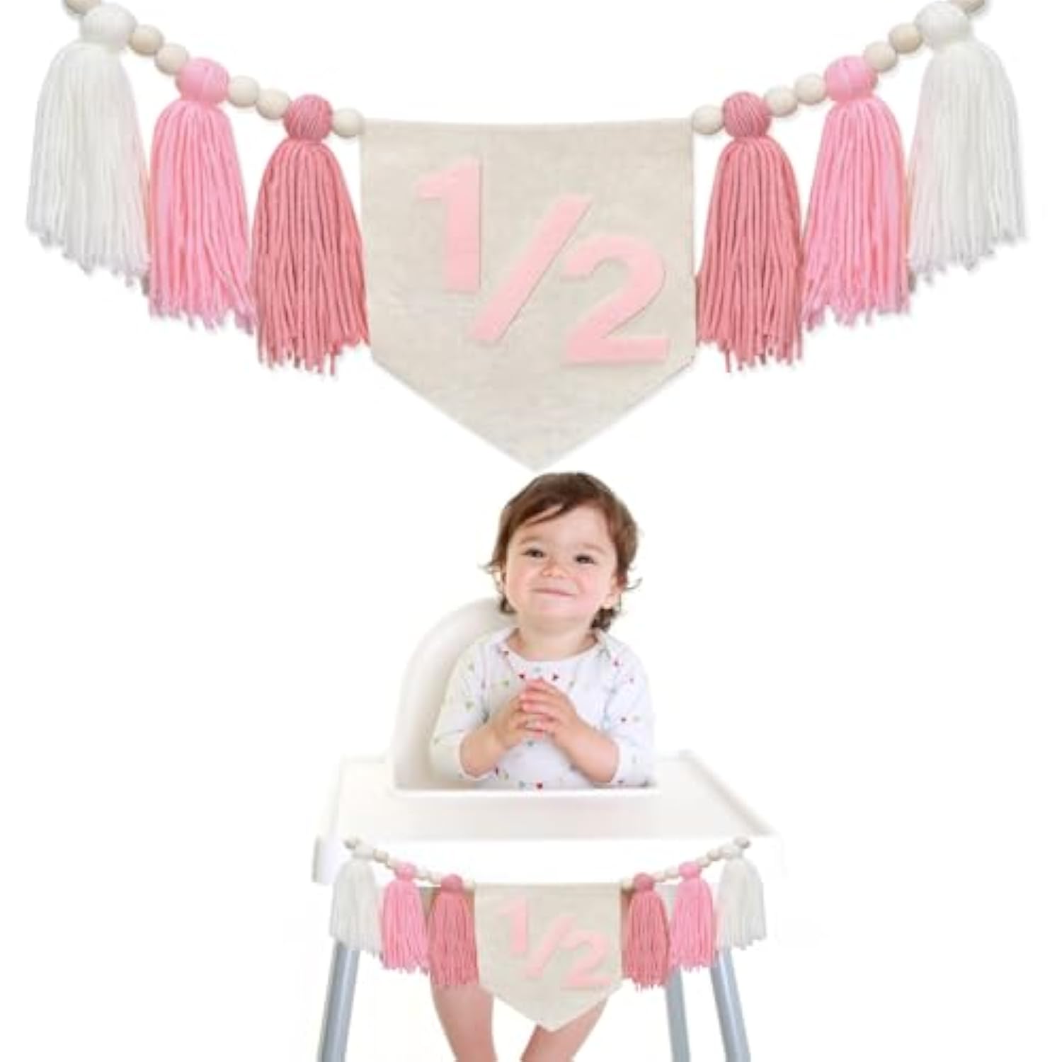 Girls Half Birthday Decorations 6 Month 1/2 Birthday Pink Tassel High Chair Banner