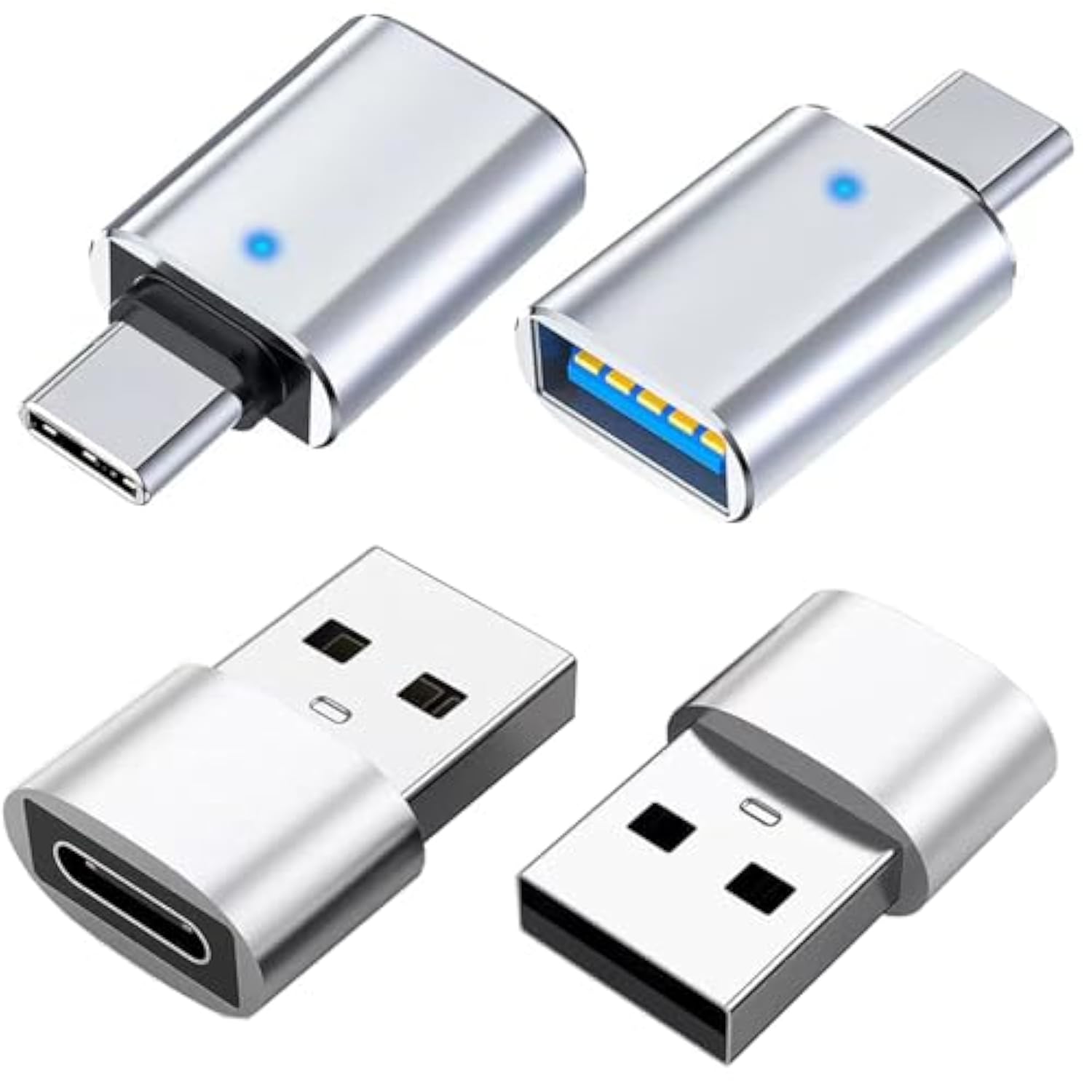 2*Usb C Male To Usb 3.0 Female Converter Adapter & 2*Usb 2.0 Male To Usb C Female Otg Adapter For Charging And Data Transmission (4 Pack) - Silver