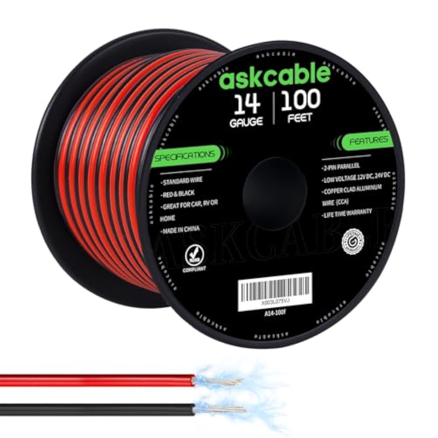 14 Gauge Wire, 14 Awg Electrical Wire Cable, 2 Conductors Red Black Wire, Copper Clad Aluminum(Cca) Flexible Pvc Extension Cord For Speaker, Hookup Led Strips, Automotive 12V/24V Dc (100Ft)