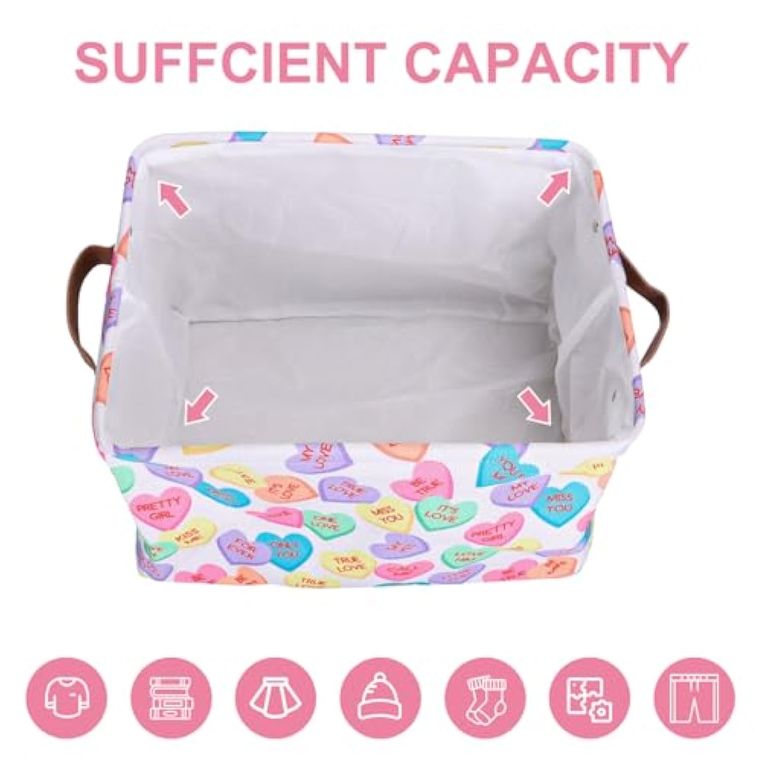 Valentine'S Day Storage Basket With Handles Conversation Heart Cube Storage Bin Foldable Fabric Storage Container Box For Home Office Dorm Closet Shelf Toy Storage