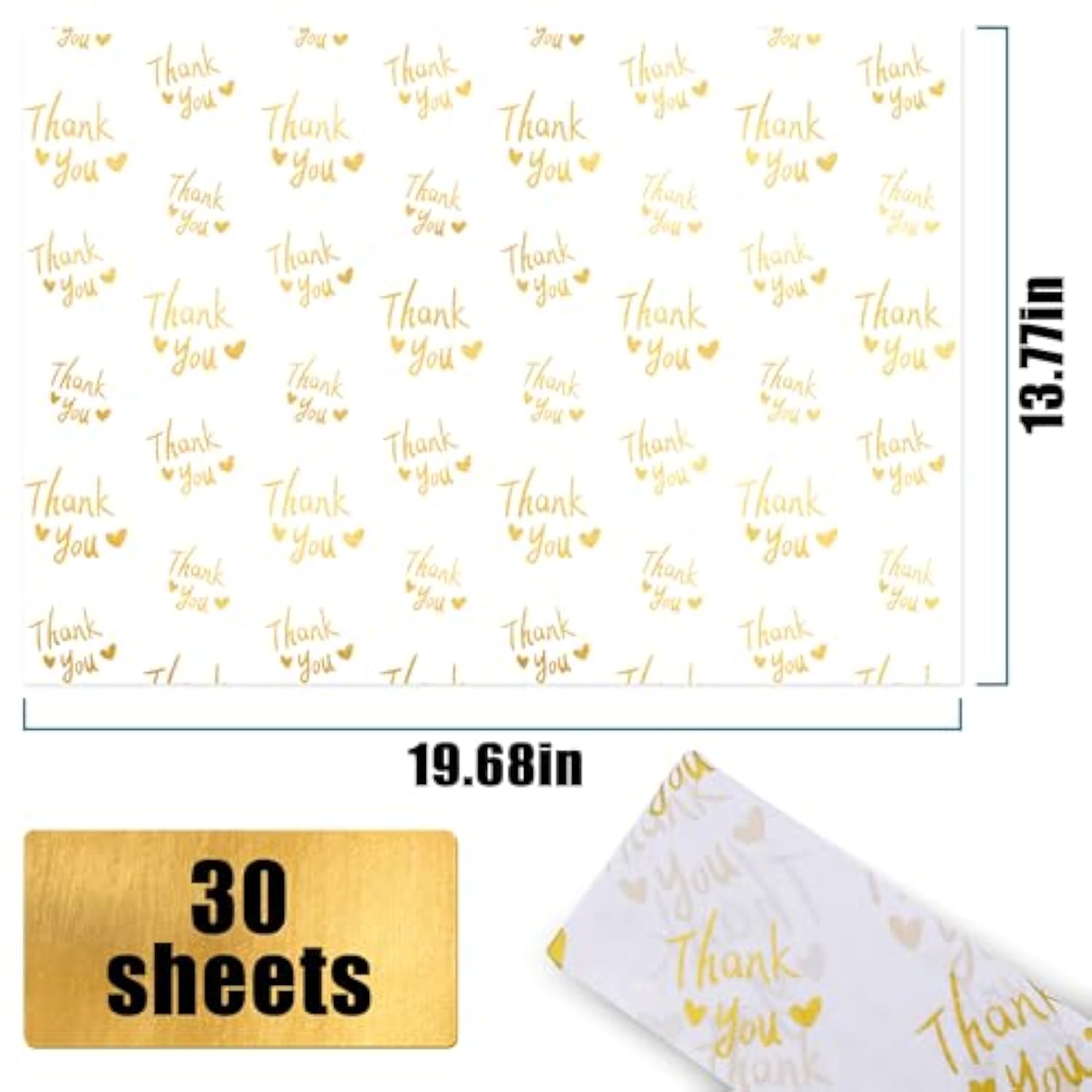 Gold Thank You Tissue Paper Bulk,20" X 14",Gold Thank You Tissue Paper For Packaging,Gift Bags, Graduation,Birthday,Thanksgiving,30 Sheets