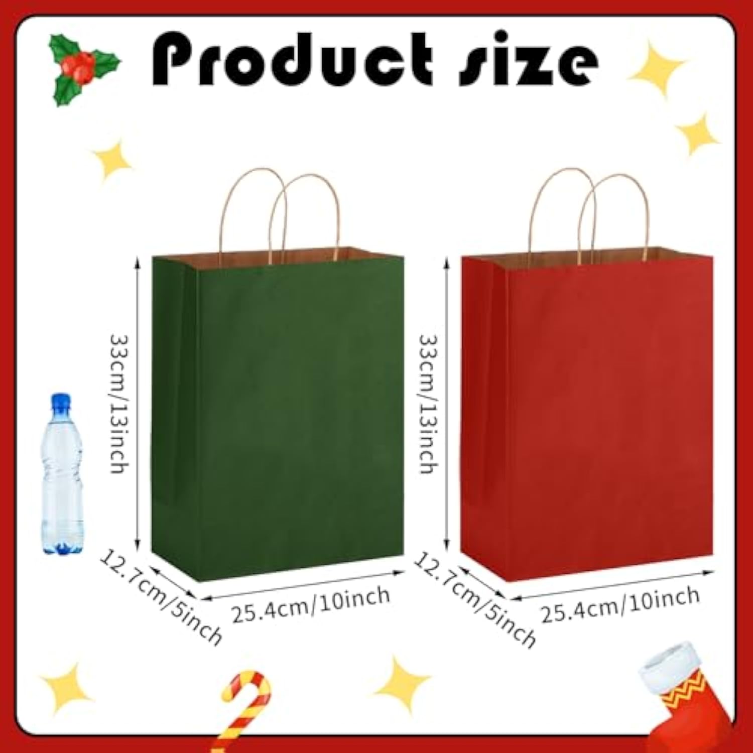100 Pcs Red And Green Christmas Gift Bags Kraft Paper Bags With Handles Holiday Gift Bags For Wedding Baby Shower Bridal Shower Shopping Party Favor Business(13 X 10 X 5 Inch)