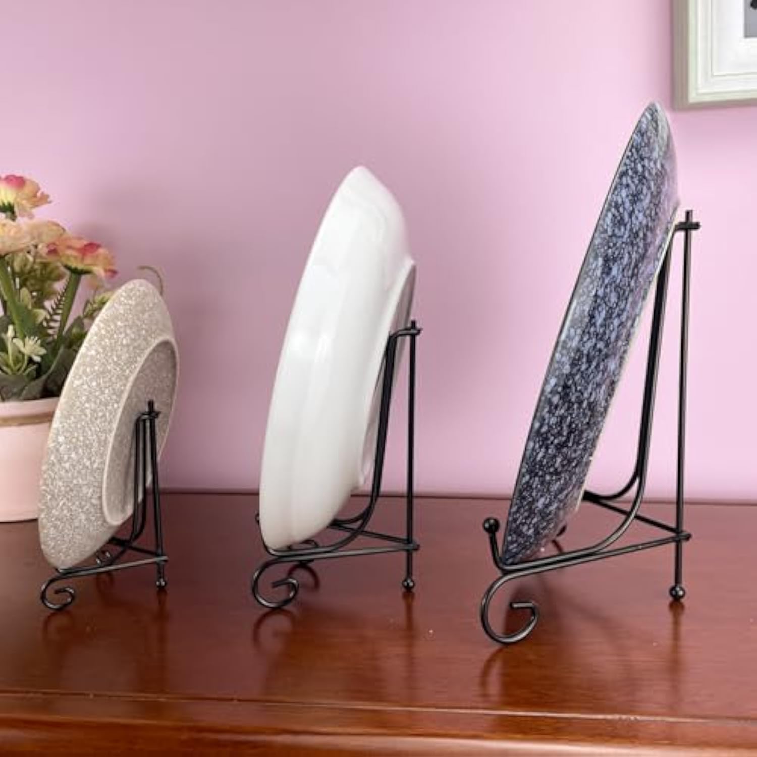 6Pcs 3 Size Black Iron Plate Stands For Display - 4, 6, 8 Inch Decorative Metal Plate Holders - Mini Easel, Frame, Book, Card, Plaque, Bowl, Picture Display Stands