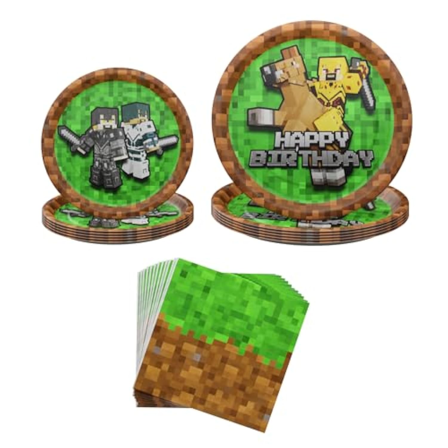 Pixel Warrior Plates And Napkins (60 Pieces For 20 Guests) - Video Game Party Supplies, Mining Craft Party, Pixel Miner Decorations