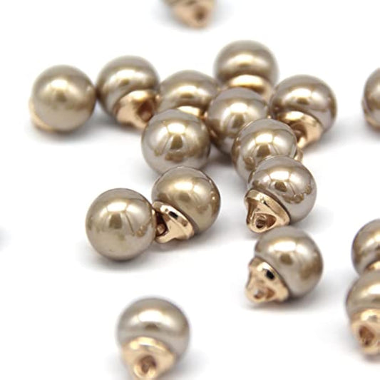 10Mm Round Beige Faux Pearl Buttons With Gold Metal Shank, For Clothes