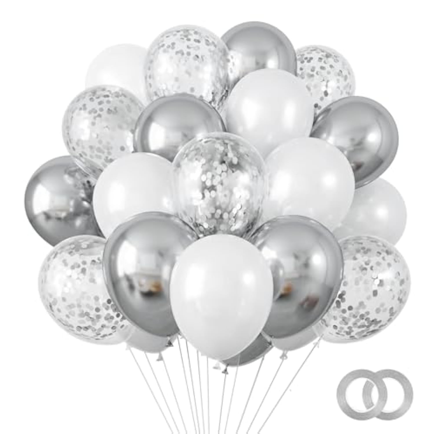 White And Silver Confetti Balloons Kit, 65Pcs 12 Inches Metallic Silver Chrome Party Balloons With Ribbons For Birthday, Wedding, Baby Shower, Graduation Decorations