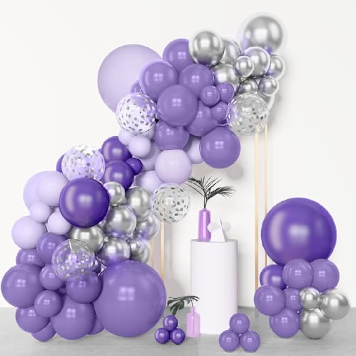 153Pcs Purple Balloon Garland Arch Kit, Different Sizes 18 12 10 5 Inch Lavender Latex Metallic Confetti Silver Balloons For Girls Women Wedding Birthday Baby Shower Party Decorations Supplies