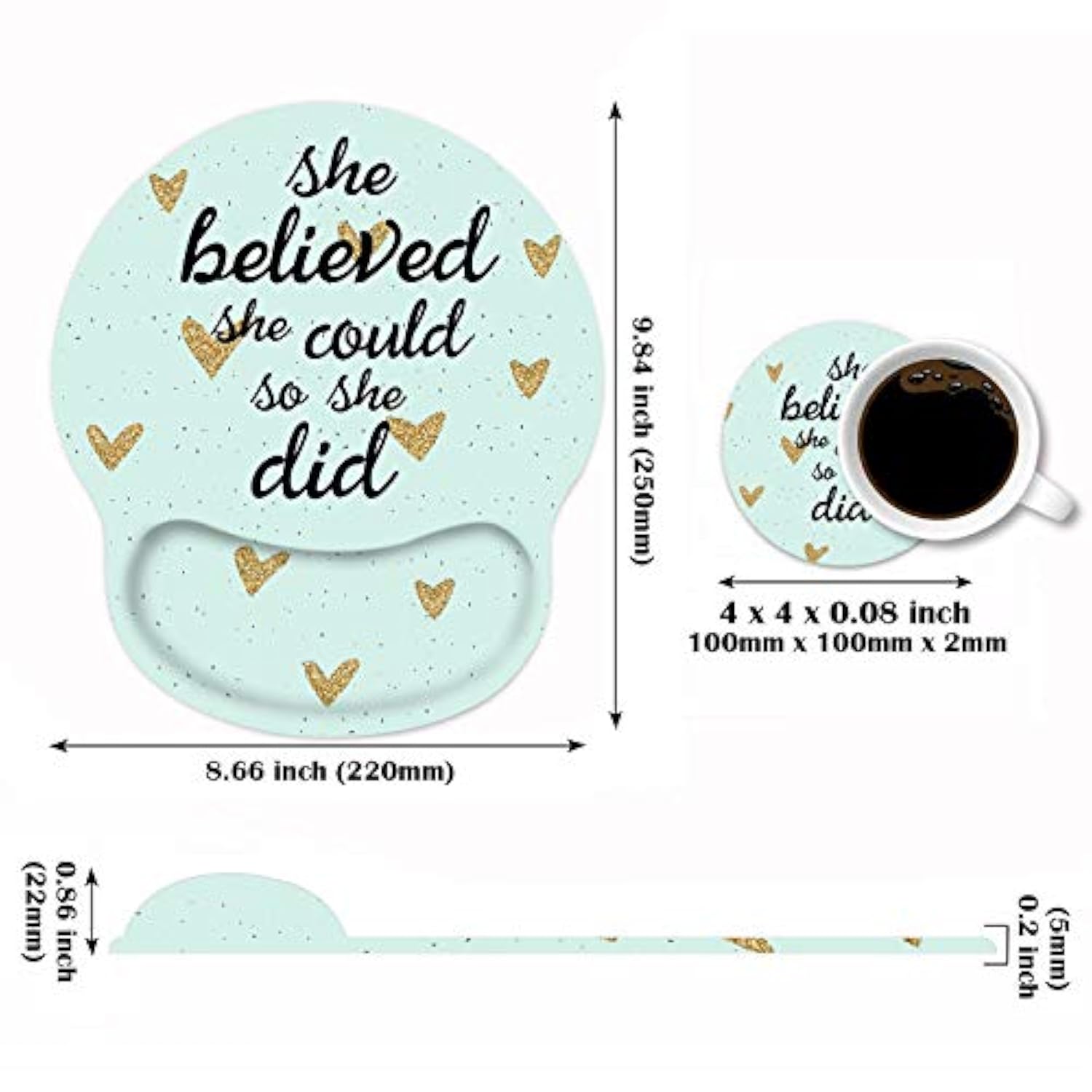 Ergonomic Mouse Pad Wrist Support And Cute Coffee Coaster, She Believed She Could So She Did Inspirational Quote Wrist Rest Mouse Pad With Non-Slip Pu Base For Computer Laptop Home Office