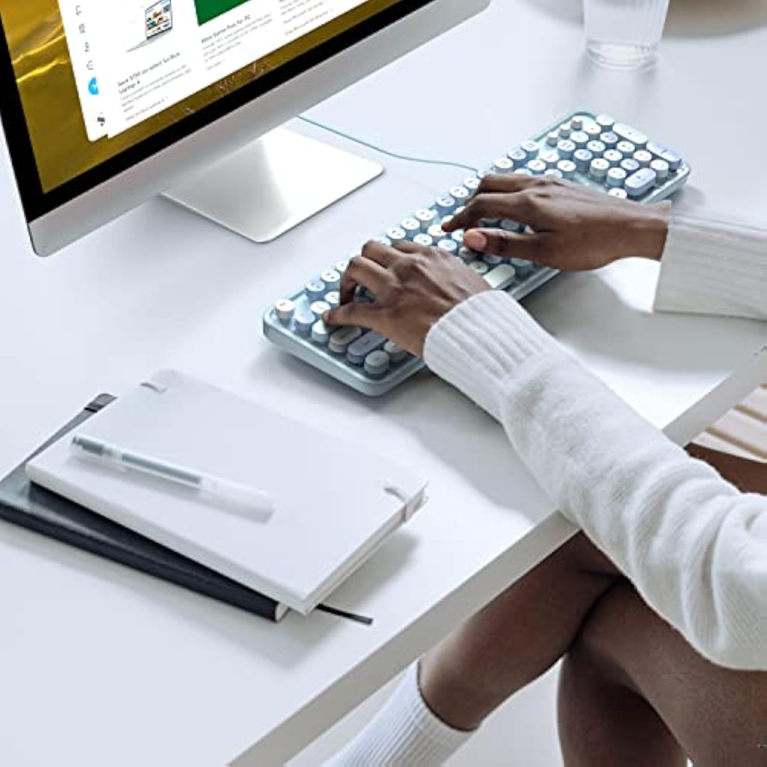 Computer Wired Usb Keyboard - Blue Full-Size Round Keycaps Retro Typewriter Ke